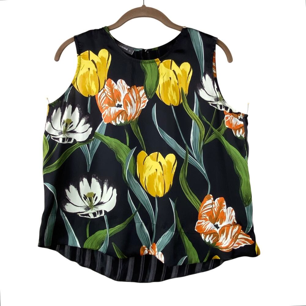 Alembika Floral Tank Top Size XS Tulips Stripes Art To Wear Oversized